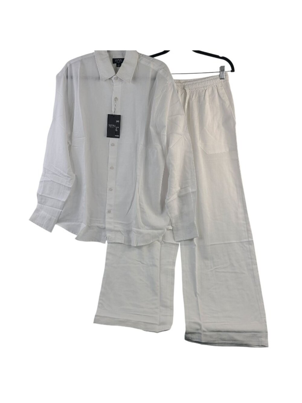 NEW BoohooMAN Super Oversized Linen Blend Shirt & Baggy Trousers White Sz M